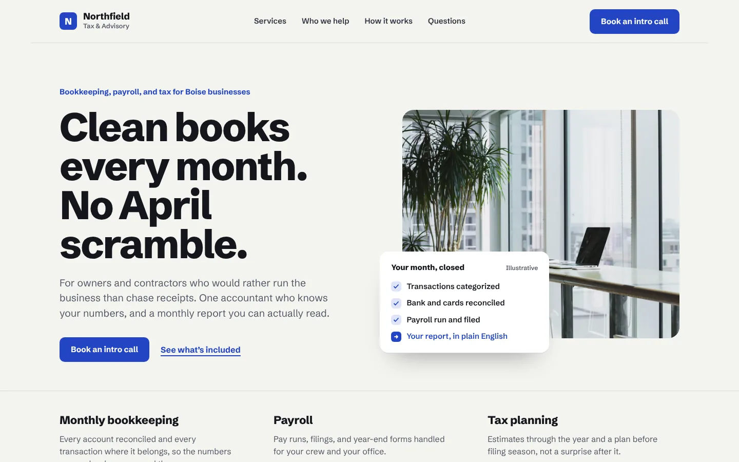 Demo concept homepage for Northfield Tax & Advisory, a fictional accounting firm, on desktop