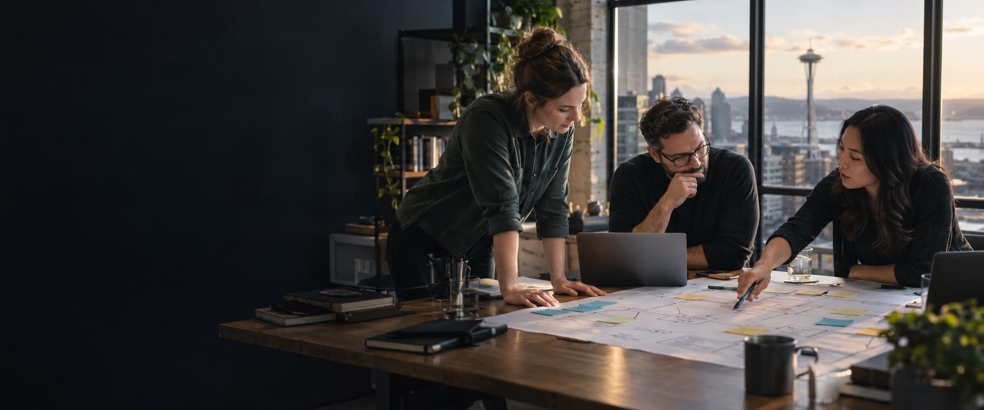 A three-person software team reviewing an application workflow together in a Seattle studio