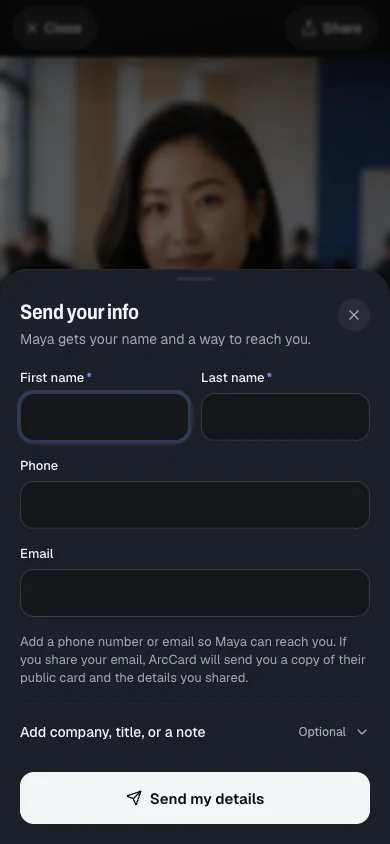 ArcCard Send your info sheet on a phone, asking for a name and a phone number or email