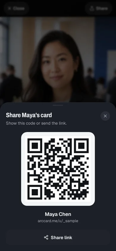 ArcCard share sheet on a phone with a QR code and share link for the sample card