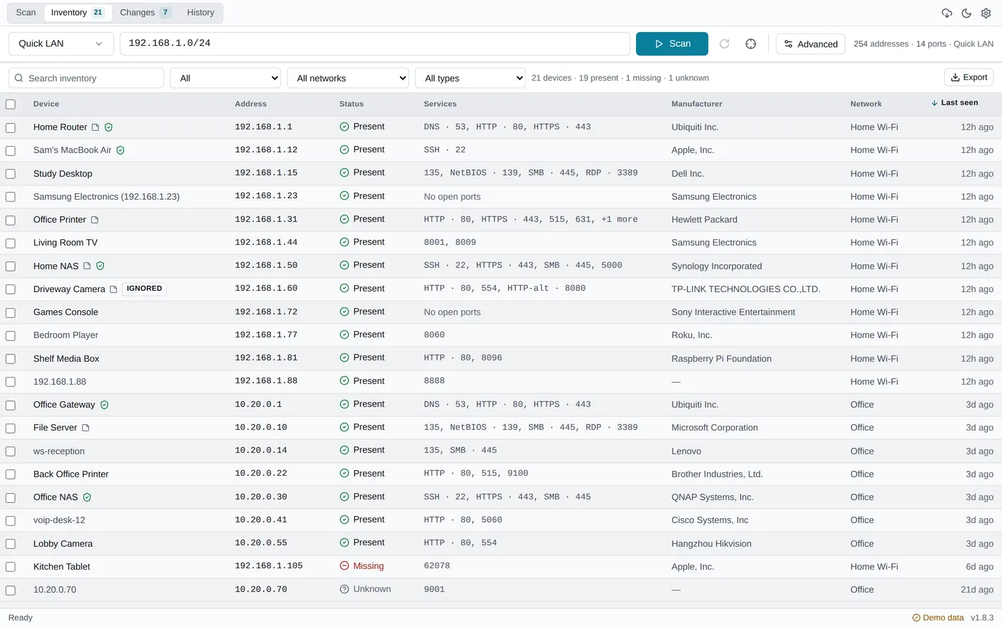 ArcScan inventory table of devices with address, status, open services, and manufacturer