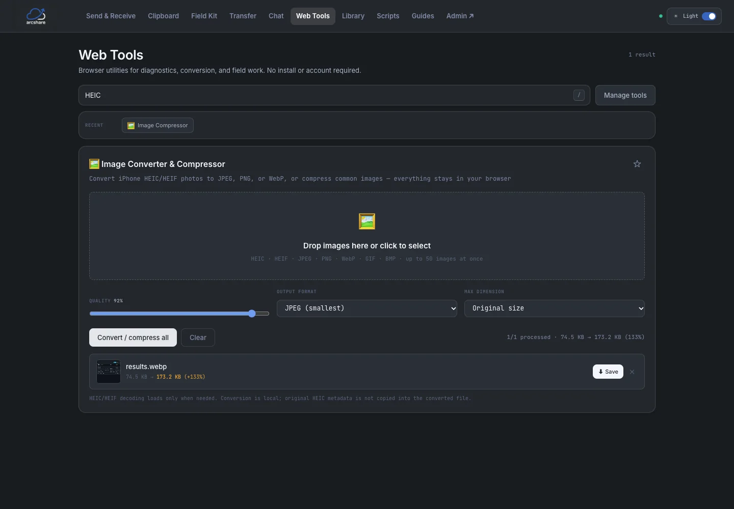 ArcShare completed local image conversion with output size and download controls