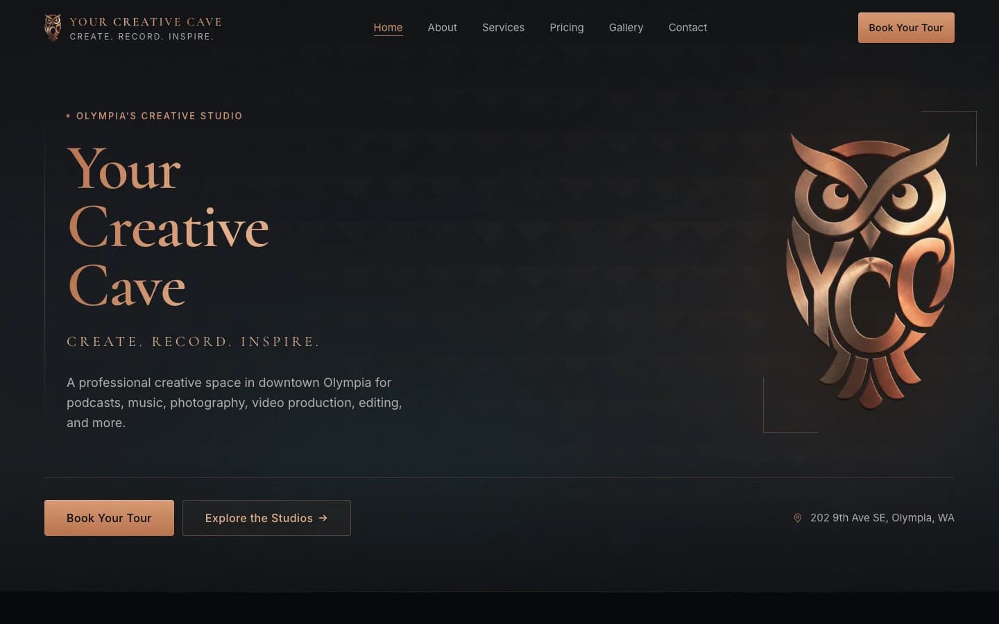 Your Creative Cave homepage on desktop