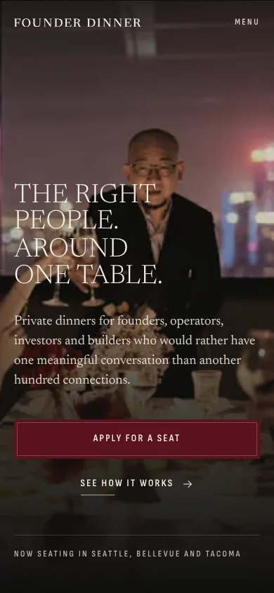 Founder Dinner homepage on a phone