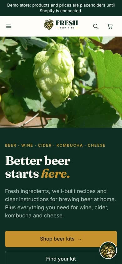 Fresh Beer Kits homepage on a phone