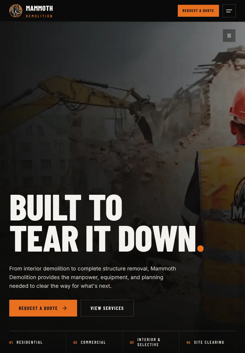 Mammoth Demolition homepage on a tablet