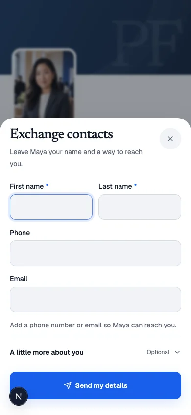 Actual ArcCard mobile contact exchange flow
