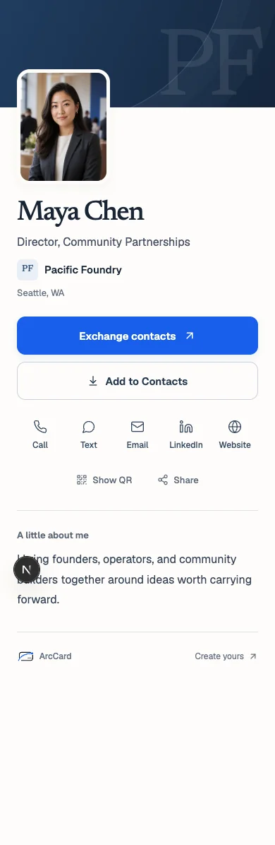 Actual ArcCard public digital contact card on mobile